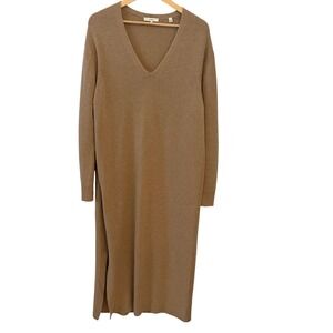Vince V-Neck Midi Sweater Dress Women Large Tan Wool Cashmere Tie Waist